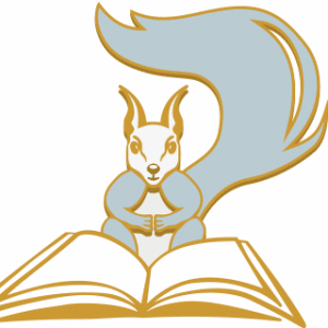 logo showing a squirrel sitting in front of an open book